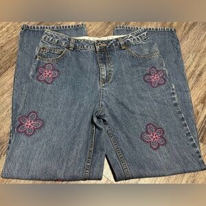 Lands End Youth Girls Embroidered Floral Denim Baggy Adjustable Waist Jeans